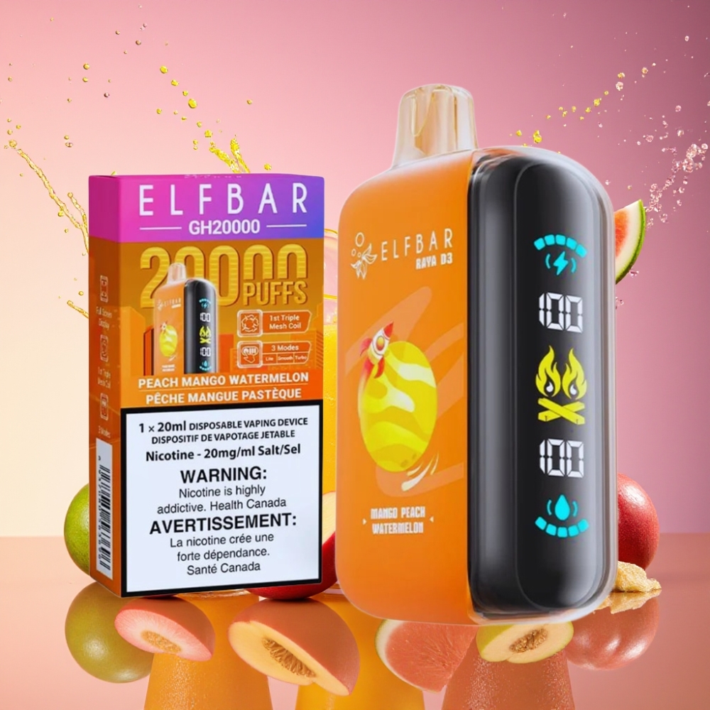 ELF BAR RAYA D3 25000 Pust Opladelig Disposable Vape Mango Fersken Vandmelon 23ml 5% 850mAh Type-C Engros Danmark