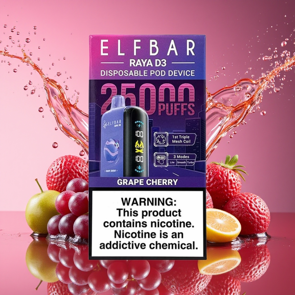 ELF BAR RAYA D3 25000 Pust Opladelig Vape Druer/Kirsebær 850mAh 23ml 5% Type-C Skærm Engros Danmark