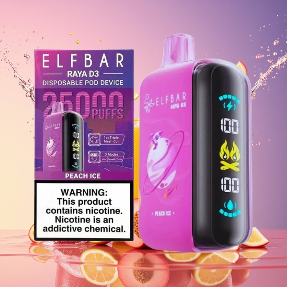 ELF BAR RAYA D3 25000 Pust Peach Is store skærm 850mAh 23ml 5% Type-C Engros Danmark