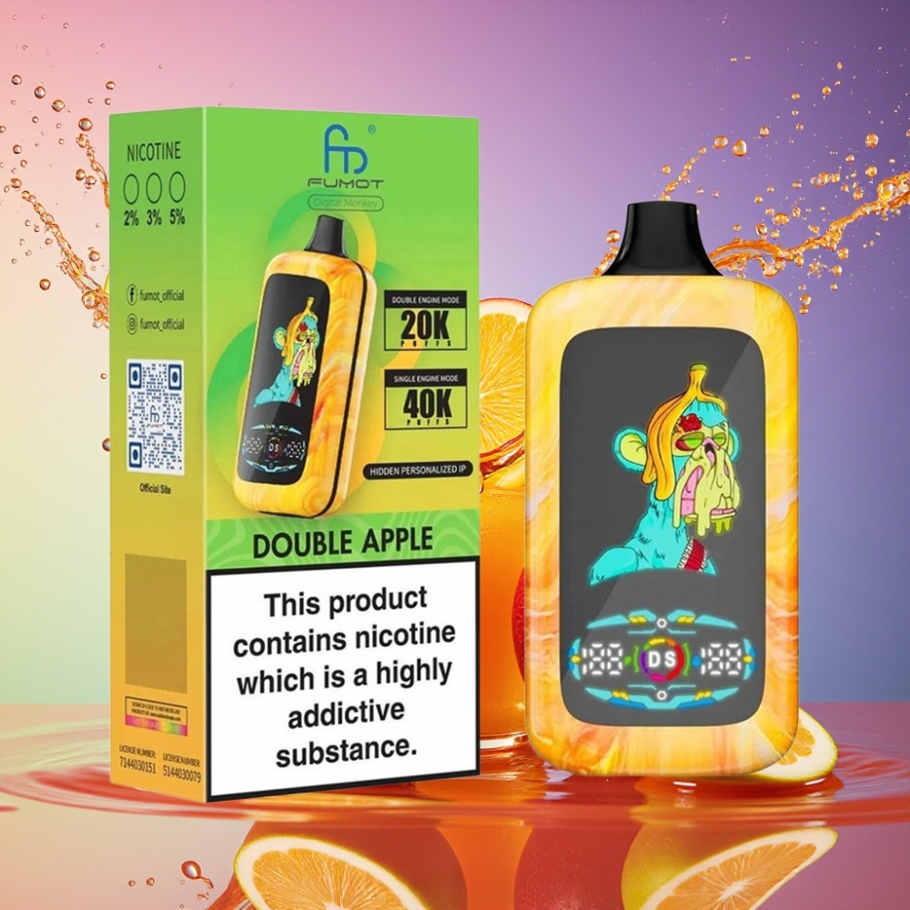 Fumot Digital Monkey 20000/40000 Puffs Dual Motor Dobbelt Æble Dual Mesh Coil 850 MAH Type-C 0%/2%/3%/5% Engros Danmark