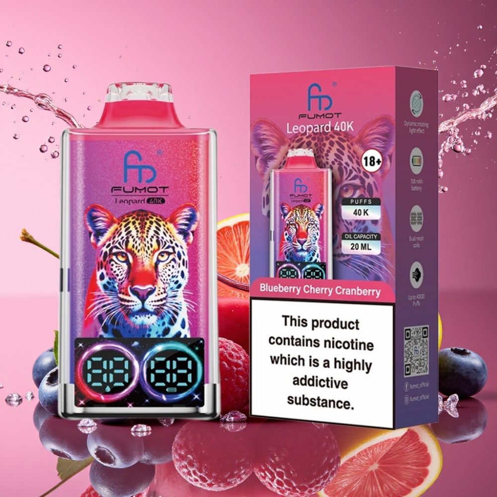 Fumot Leopard 40K Puffs Dual Mesh Blåbær Kirsebær Tranebær 0%/2%/3%/5% Nicotin 700mAh Battery Type-C Opladning Digital Tube Oliekraft Display Engros Danmark