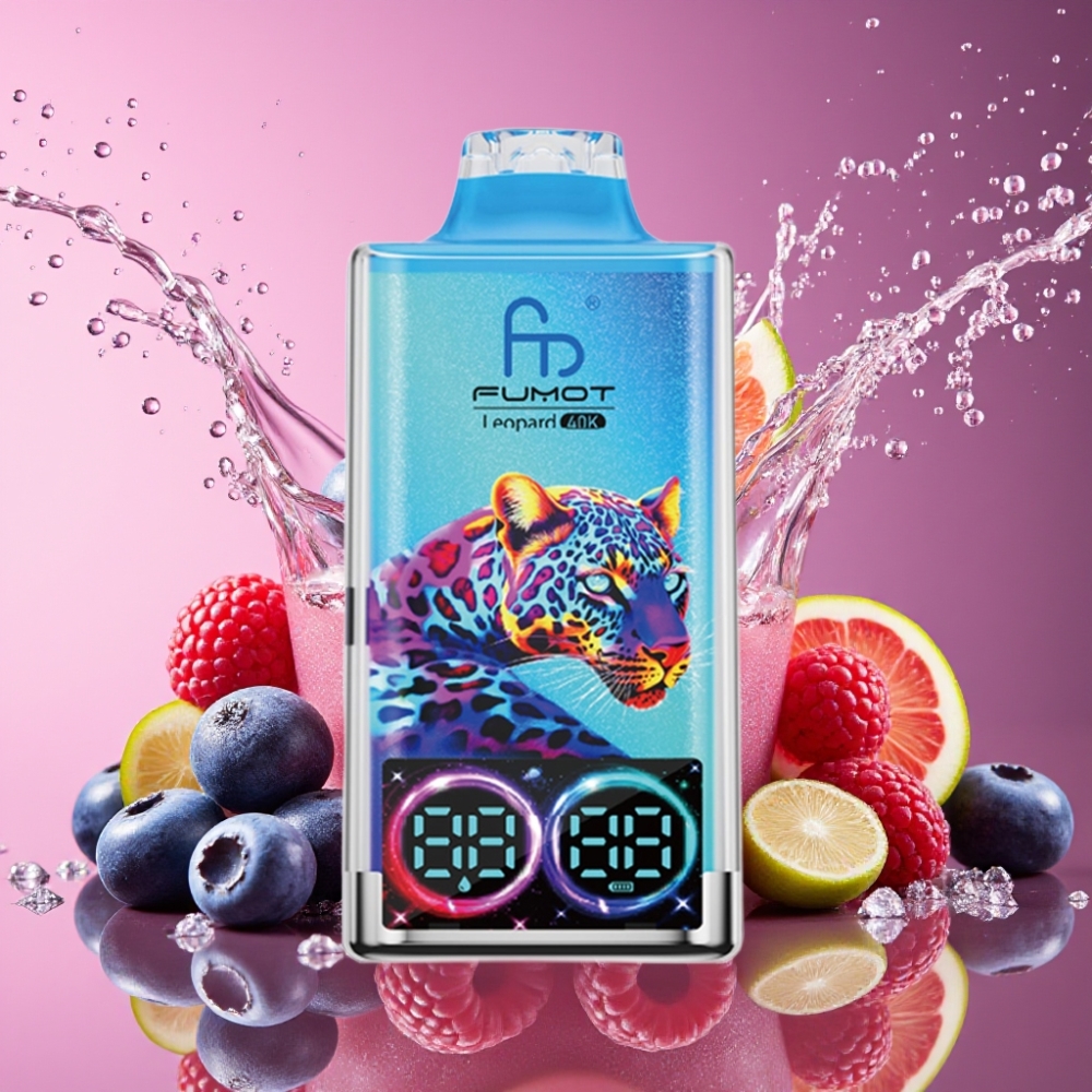Fumot Leopard 40K Puffs Engangs Vape Blåbær Hindbær 0%-5% Nicotine 700mAh Dual Mesh Type-C Digital Tube Oil Power Display Engros Danmark