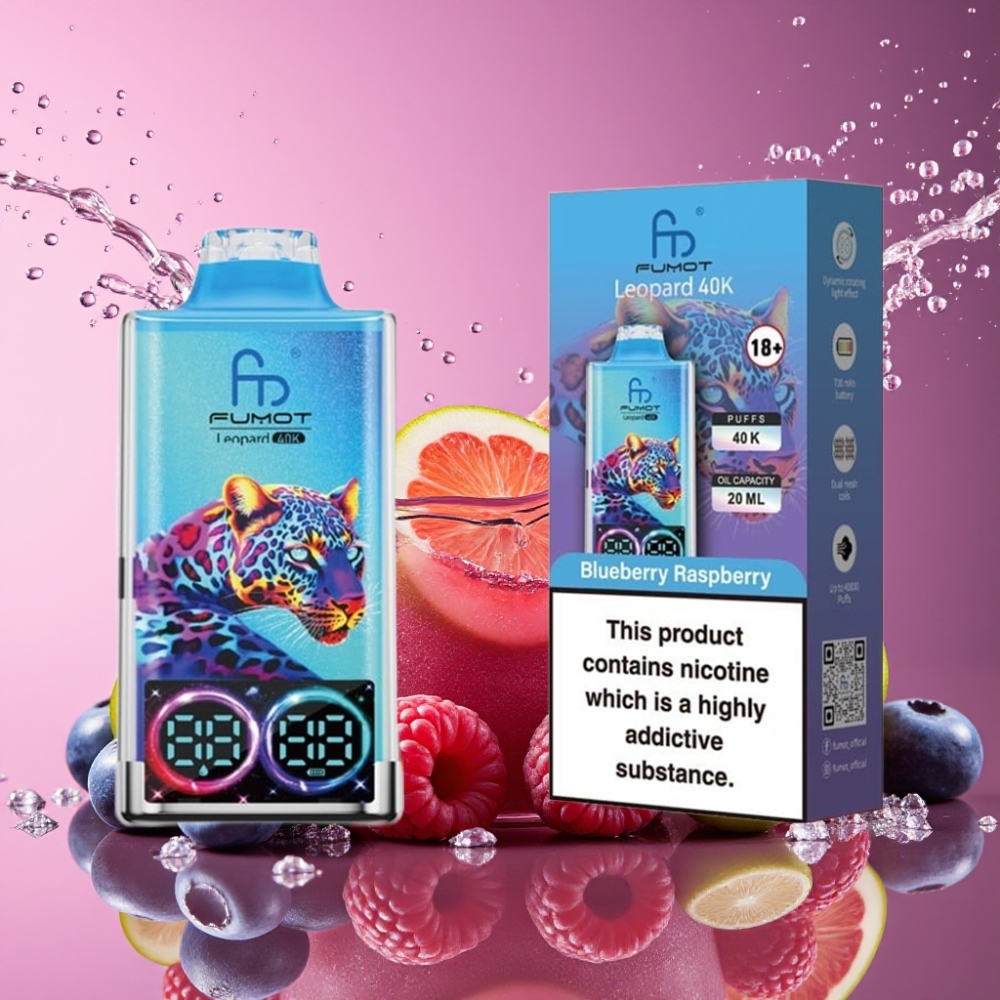 Fumot Leopard 40K Puffs Engangs Vape Blåbær Hindbær 0%-5% Nicotine 700mAh Dual Mesh Type-C Digital Tube Oil Power Display Engros Danmark