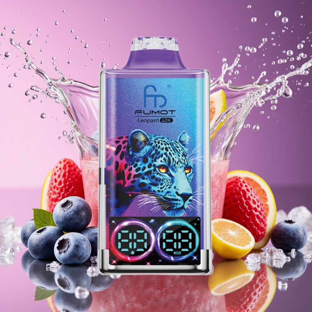 Fumot Leopard 40K Puffs Engangs Vape Blåbær på Is 0%, 2%, 3%, 5% Nicotin 700mAh Batteri Dual Mesh Type-C Opladning Digital Tube Olie Effekt Display Engros Danmark