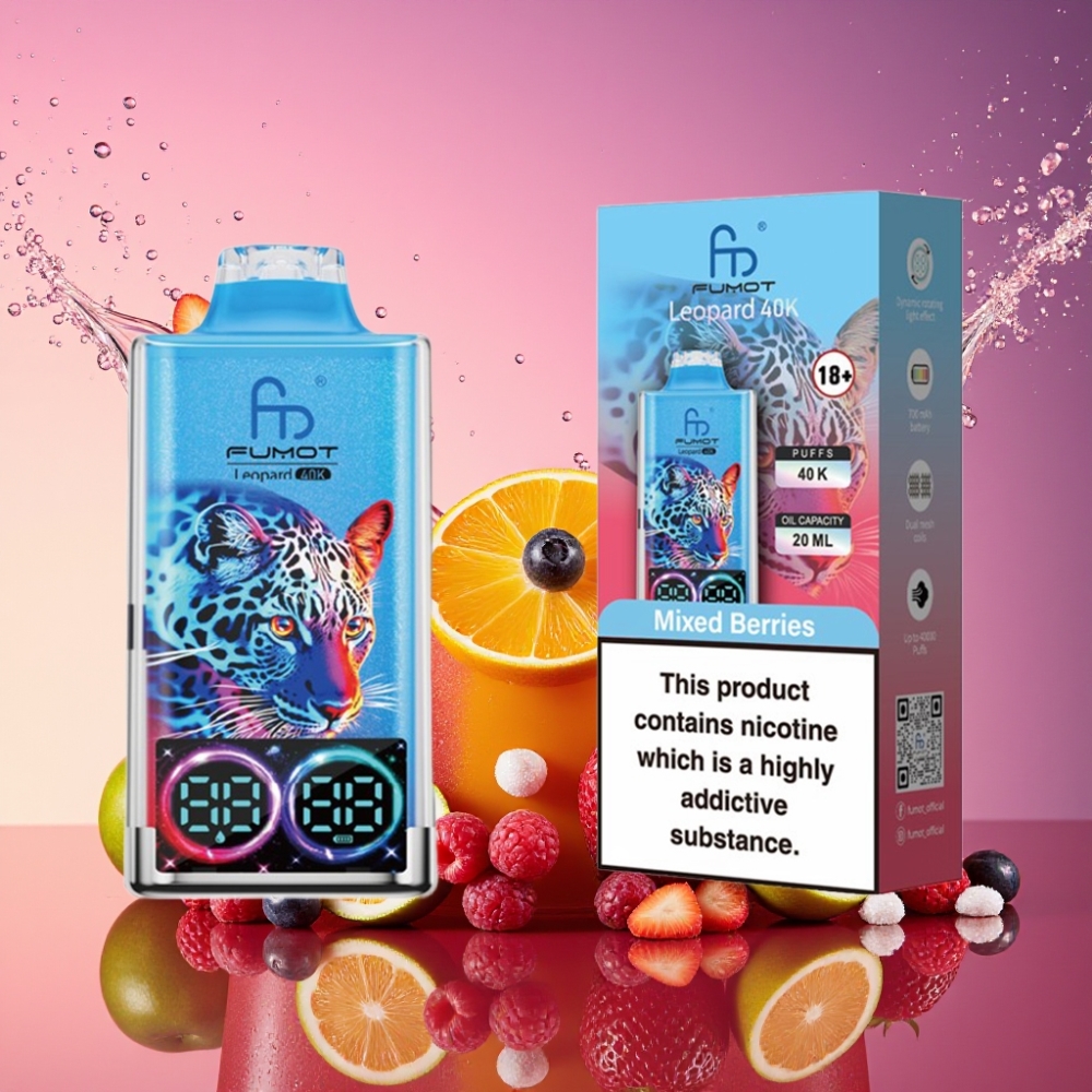 Fumot Leopard 40K Puffs Engangs Vape Blandede Bær 0%/2%/3%/5% Nikotin 700mAh Dual Mesh Type-C Oliedisplay Engros Danmark