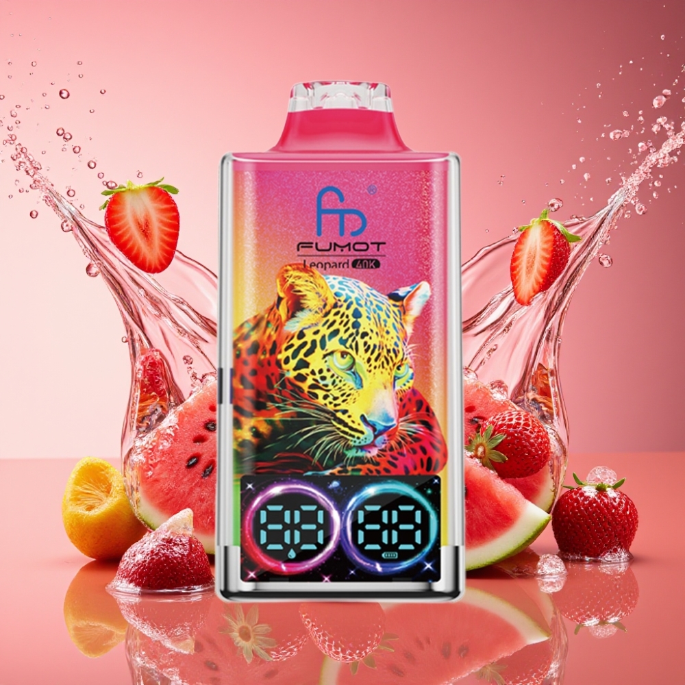 Fumot Leopard 40K Puffs Engangs Vape Jordbær Vandmelon 0%-5% Nicotine 700mAh Dual Mesh Type-C Digital Tube Oil Power Display Engros Danmark