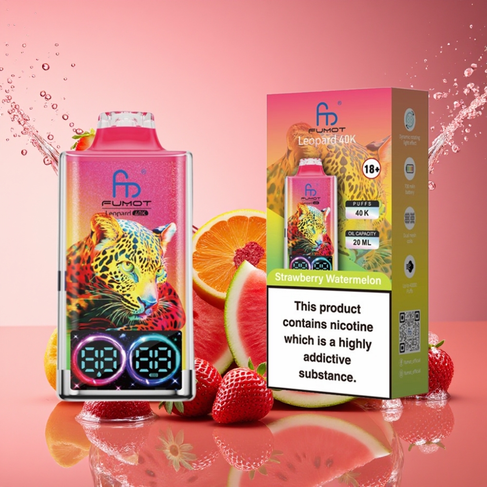 Fumot Leopard 40K Puffs Engangs Vape Jordbær Vandmelon 0%-5% Nicotine 700mAh Dual Mesh Type-C Digital Tube Oil Power Display Engros Danmark