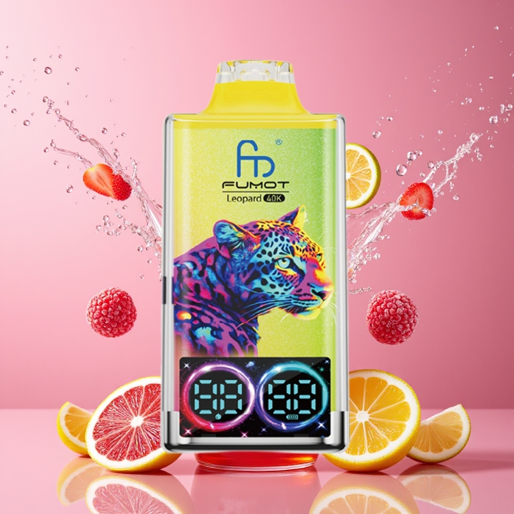 Fumot Leopard 40K Puffs Engangs Vape Lyserød Citronvand 0%-5% Nicotin 700mAh Dual Mesh Type-C Digital Tube Engros Danmark