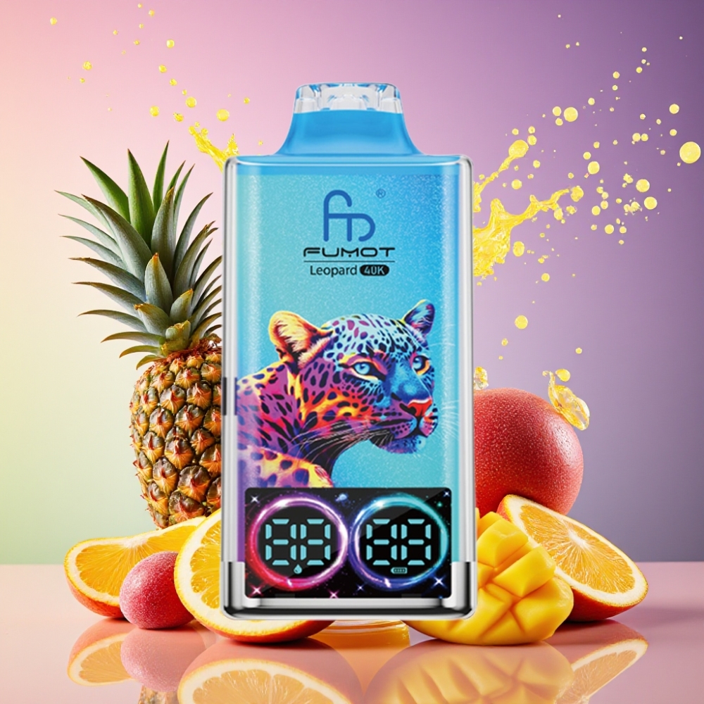 Fumot Leopard 40K Puffs Engangs Vape Peachy Mango Ananas 0%, 2%, 3%, 5% Nikotin 700mAh Batteri Dual Mesh Type-C Opladning Digital Tube Oliekraft Display Engros Danmark