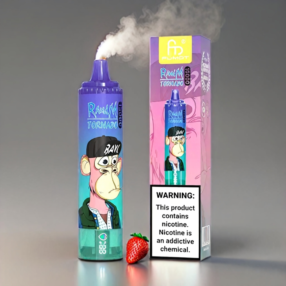 Fumot RandM Tornado Jordbær Banan 15000 Puffs 25ml 850mAh 0.9 Ohm Mesh LCD Type-C Engros Danmark