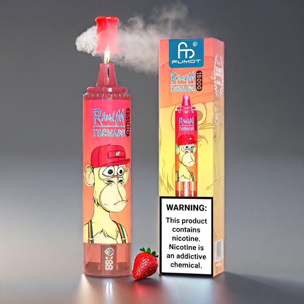 Fumot RandM Tornado Jordbær Rød Tyrak 15000 Puffs 25ml 850mAh 0.9Ω Mesh Type-C LCD 0%/2%/3%/5% Engros Danmark