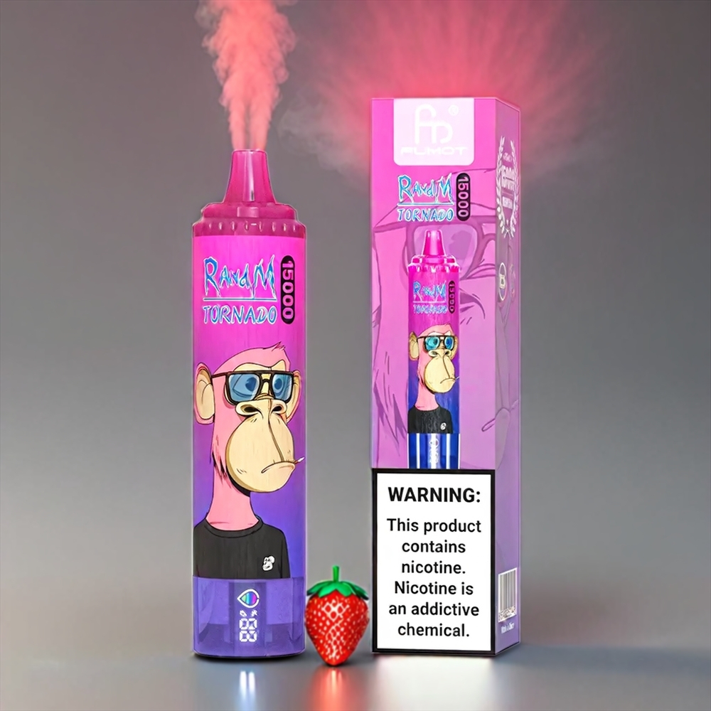 Fumot RandM Tornado Jordbær Vindrue 15000 Puffs 25ml 850mAh 0.9Ω Mesh LCD Type-C 0-5% Engros Danmark