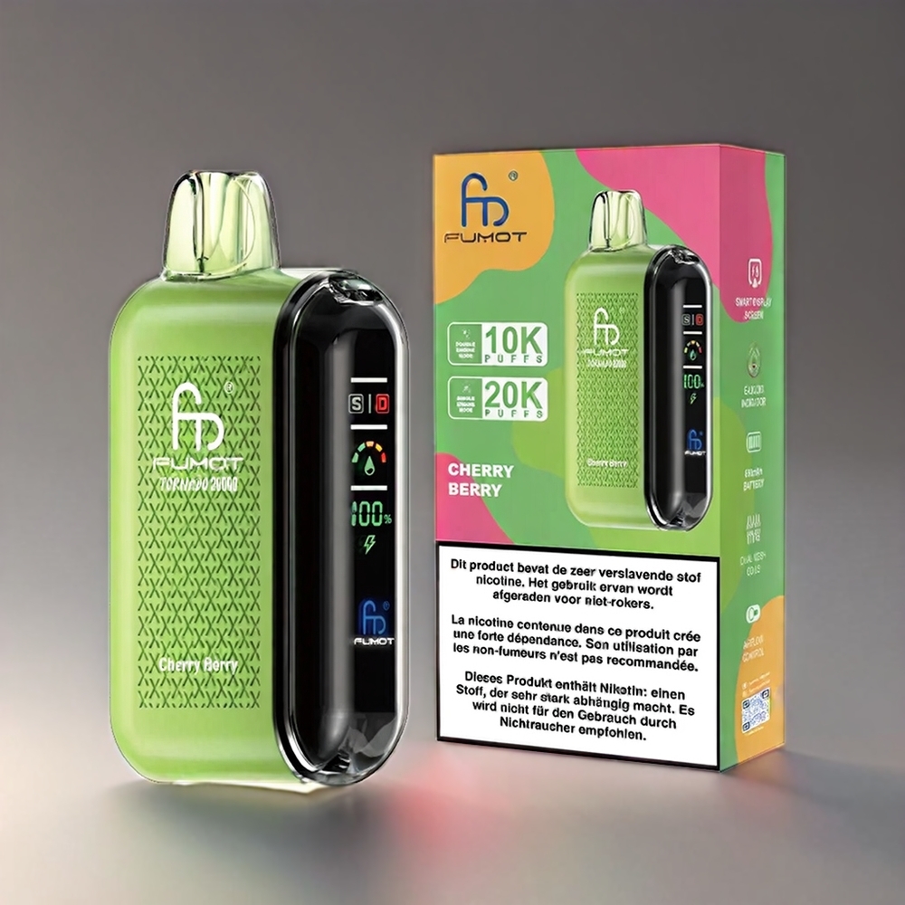 Fumot Tornado 20000 Puffs Dual Mesh Cherry Bær 20ml 850mAh Display Airflow 2% Engros Danmark