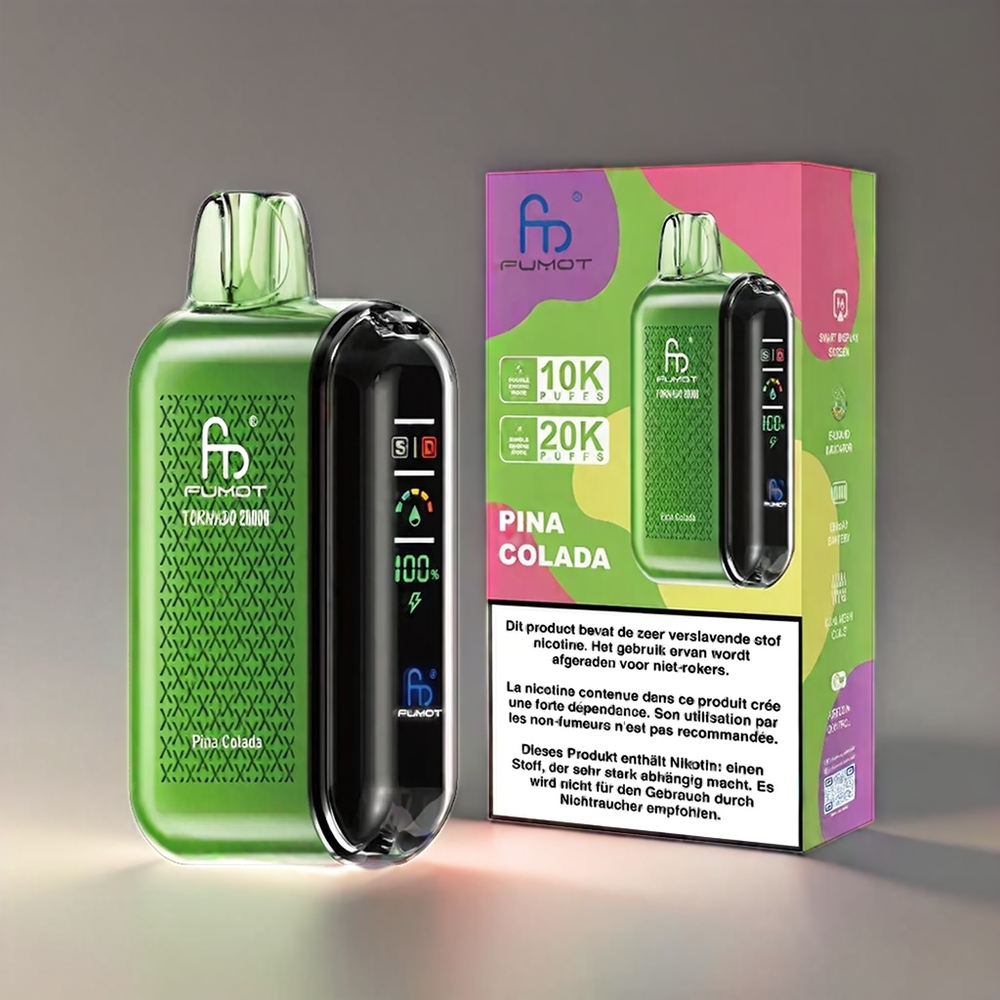 Fumot Tornado 20000 Puffs Dual Mesh Coil 20ml 850mAh Smart Display 2% Nicotin Pina Colada Engros Danmark