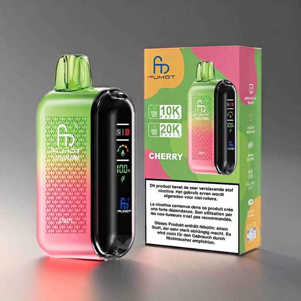 Fumot Tornado 20000 Puffs Kirsebær Dual Mesh Coil 20ml 850mAh Smart Display Airflow Control 2% Engros Danmark