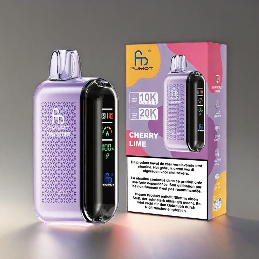 Fumot Tornado 20000 Puffs Kirsebær Lime Dual Mesh Coil 20ml E-liquid 850mAh Smart Display Airflow Control 2% Nicotine Engros Danmark
