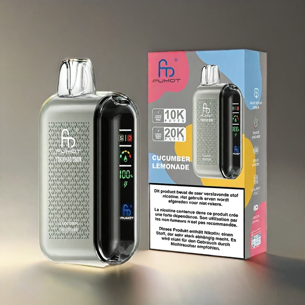 Fumot Tornado 20000 Pust Agurk Lemonade Dual Mesh 20ml 850mAh Smart Display Luftstrømskontrol 2% Engros Danmark