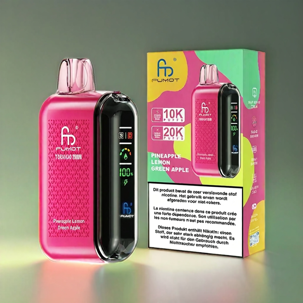 Fumot Tornado Ananas Citron Grøn Æble 20000 Puffs Dual Mesh 20ml 850mAh Smart Display Airflow Control 2% Nicotine Engros Danmark