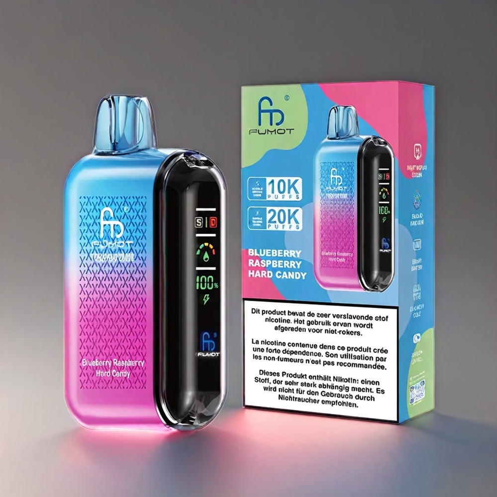 Fumot Tornado Blåbær Hindbær Hard Candy 20000 Puffs Dual Mesh Coil 20ml 850mAh Smart Display Airflow Control 2% Engros Danmark