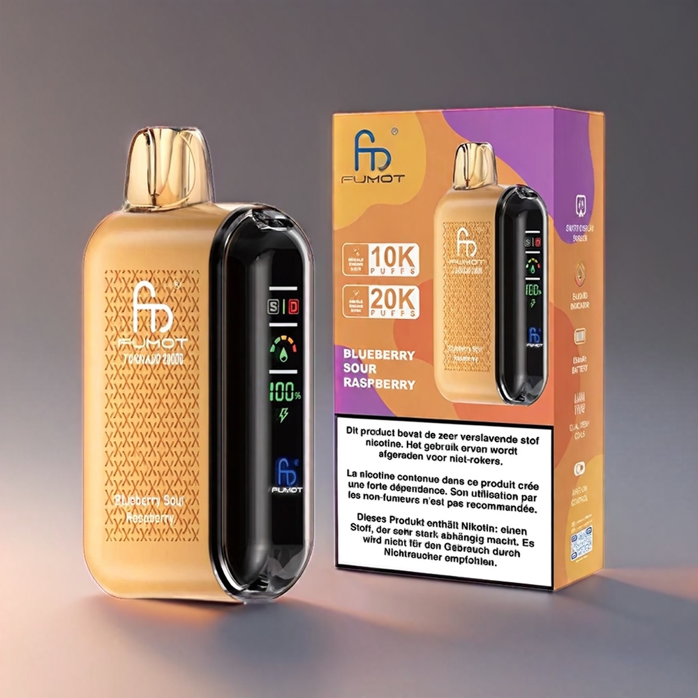 Fumot Tornado Blåbær Sur Hindbær 20000 Puffs Dual Mesh 20ml 850mAh Smart Display Airflow 2% Engros Danmark