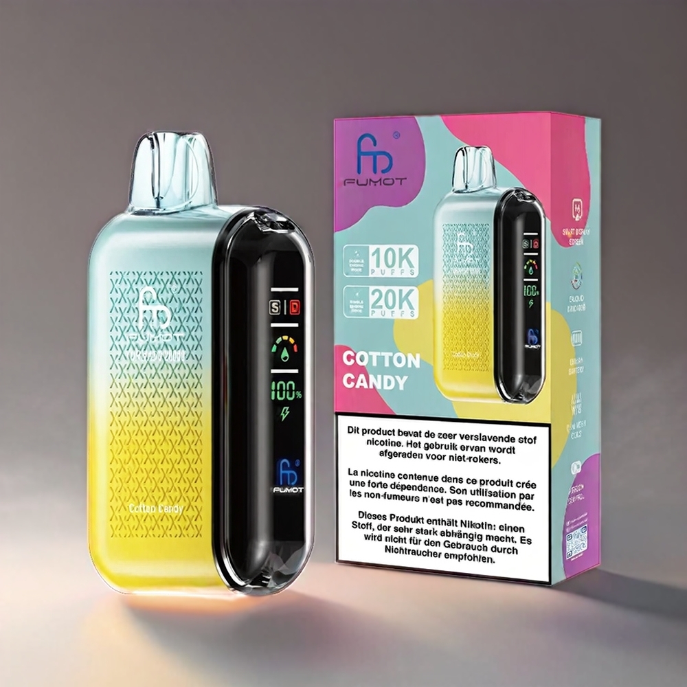 Fumot Tornado Cotton Candy 20000 Puffs Dual Mesh Coil 20ml 850mAh Smart Display 2% Engros Danmark