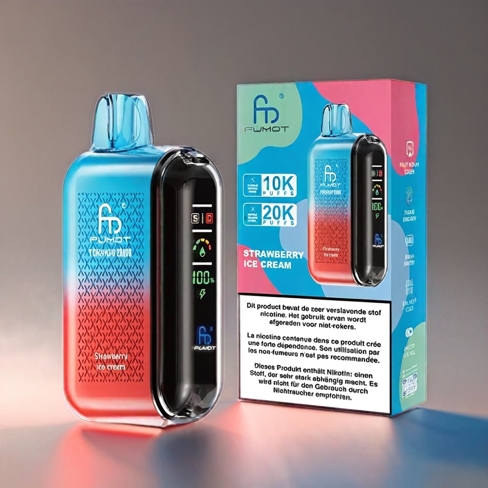 Fumot Tornado Jordbær 20000 Puffs Dual Mesh Coil 20ml 850mAh Smart Display Airflow Control 2% Engros Danmark