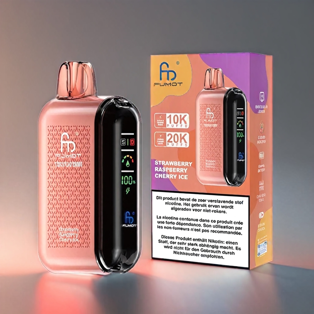 Fumot Tornado Jordbær Hindbær Kirsebær 20000 Puffs Dual Mesh Coil 20ml 850mAh Smart Display Airflow Control 2% Nicotine Engros Danmark