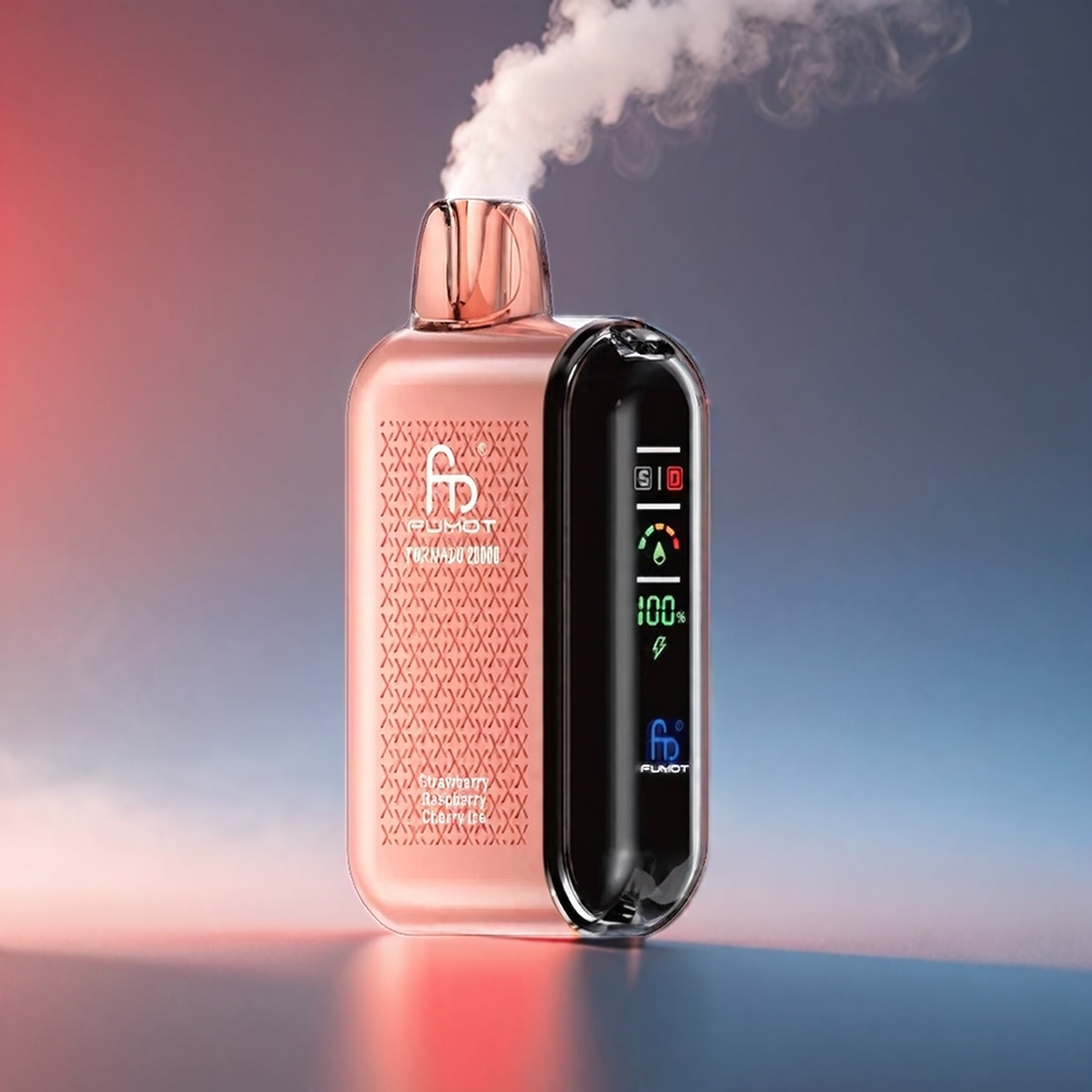 Fumot Tornado Jordbær Hindbær Kirsebær 20000 Puffs Dual Mesh Coil 20ml 850mAh Smart Display Airflow Control 2% Nicotine Engros Danmark