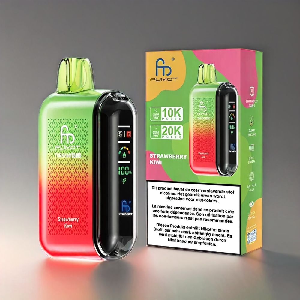 Fumot Tornado Jordbær Kiwi 20000 Puffs Dual Mesh Coil 20ml 850mAh Smart Display Airflow Control 2% Nic Engros Danmark