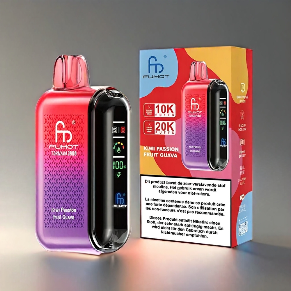 Fumot Tornado Kiwi Passionsfrugt Guava 20000 Puffs Dual Mesh Coil Smart Display 20ml 850mAh Engros Danmark