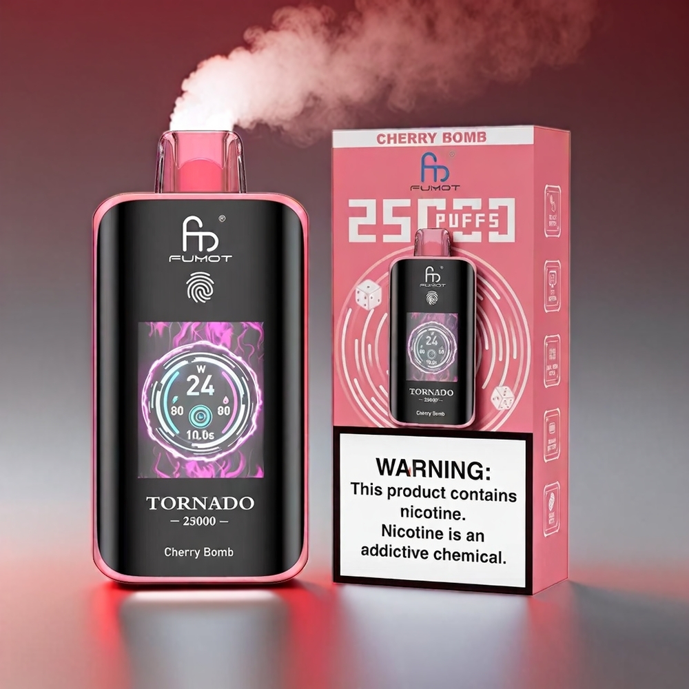 Fumot Tornado HD Skærm 700mAh 20ml 0/2%/3%/5% 25000 Puffs Type-C Kirsebombe Bombardement Engros Danmark