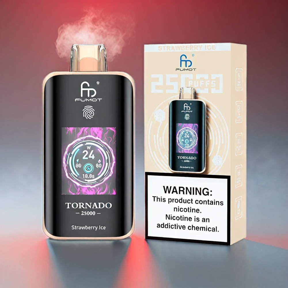 Fumot Tornado Jordbær HD Skærm 700mAh 20ml 25000 Puffs Type-C 0/2%/3%/5% Engros Danmark
