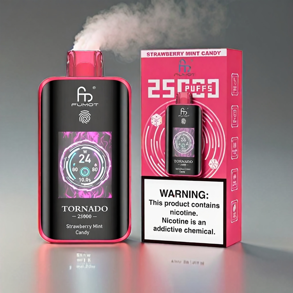Fumot Tornado Jordbær Mynte Slik HD Skærm 25000 Puffs 20ml 700mAh Type-C 0/2%/3%/5% Engros Danmark