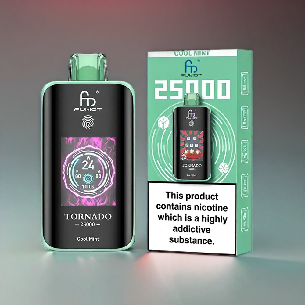 Fumot Tornado Kølig Mynte HD Skærm 700mAh 20ml 0/2/3/5% 25000 Puffs Type-C Engros Danmark