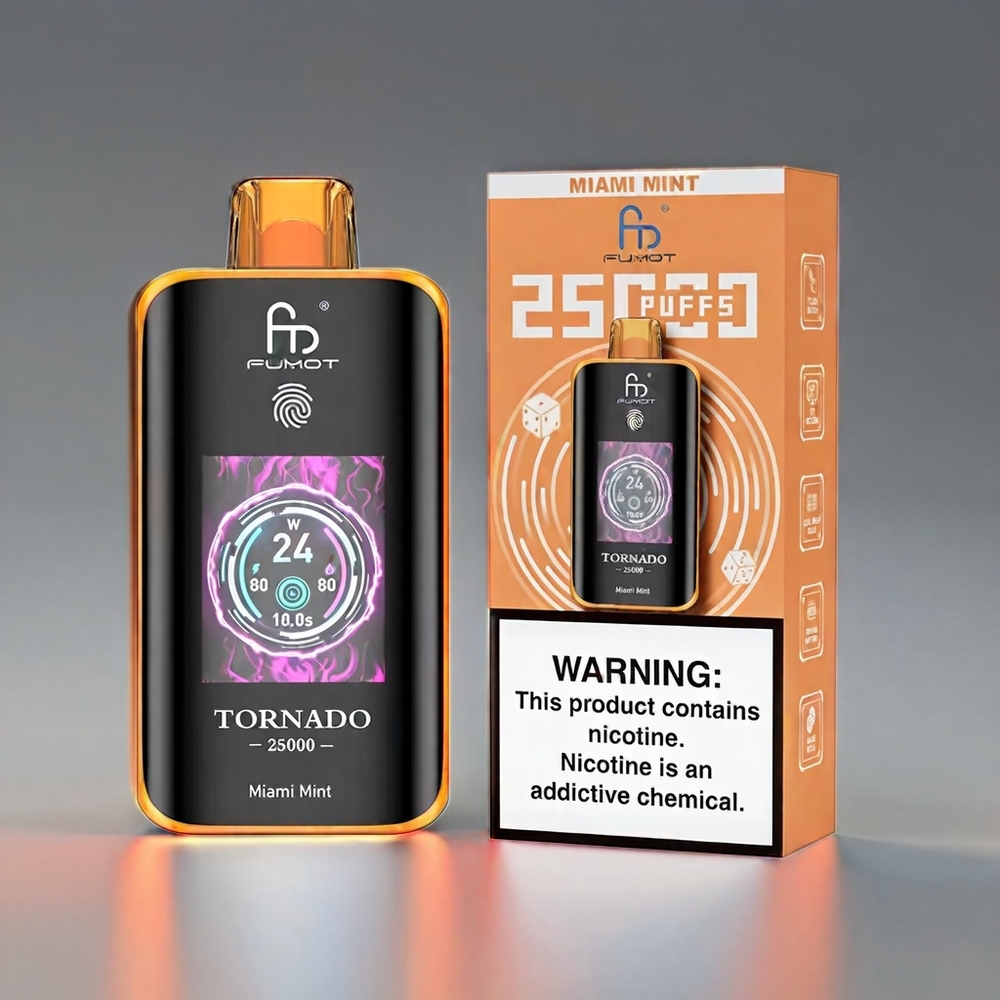 Fumot Tornado Miami Mynte HD Skærm 700mAh 20ml 0/2%/3%/5% 25000 Puffs Type-C Engros Danmark