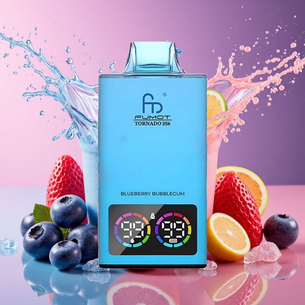 Fumot Tornado 35000 Blåbær Bubblegum Dual Mesh Coil E-liquid Indicator Variable RGB Lights 15ml E-juice 700 MAH Battery Fast Charging USB-C 35000 Puffs Engros Danmark