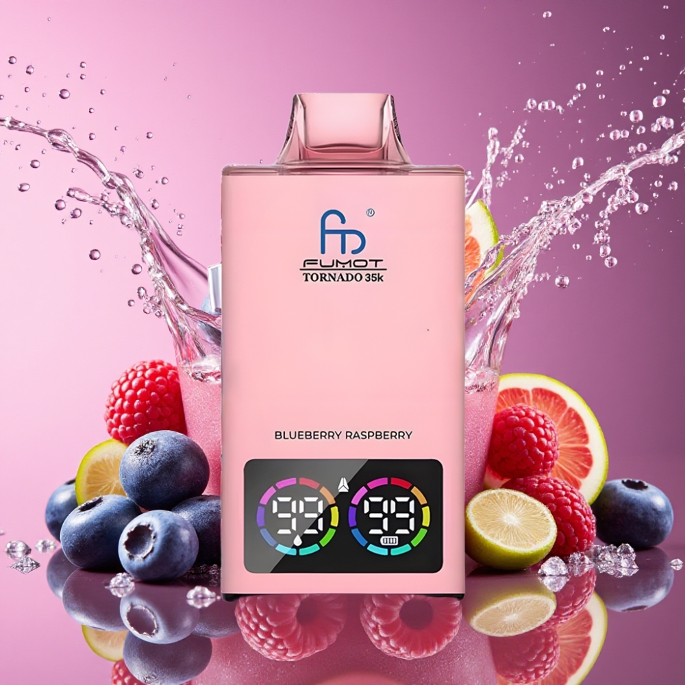 Fumot Tornado 35000 Blåbær Hindbær Dual Mesh Coil E-liquid Indicator USB-C 35000 Puffs Engros Danmark