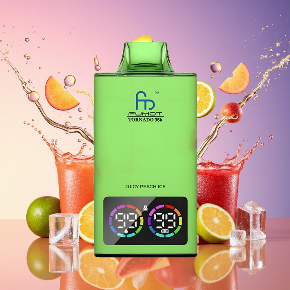 Fumot Tornado 35000 Dual Mesh Coil 15ml E-juice 700 MAH Batteri USB-C Succersat Juicy Peach Is parameterkombination Engros Danmark