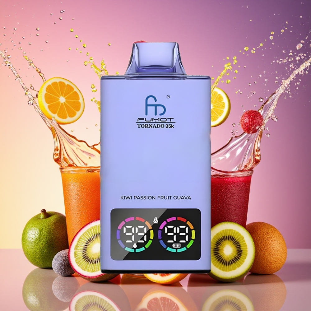 Fumot Tornado 35000 Kiwi Passionsfrugt Guava Dual Mesh Coil E-liquid Indicator Variable RGB Lights 15ml E-juice 700 MAH Battery Fast Charging USB-C 35000 Puffs Engros Danmark