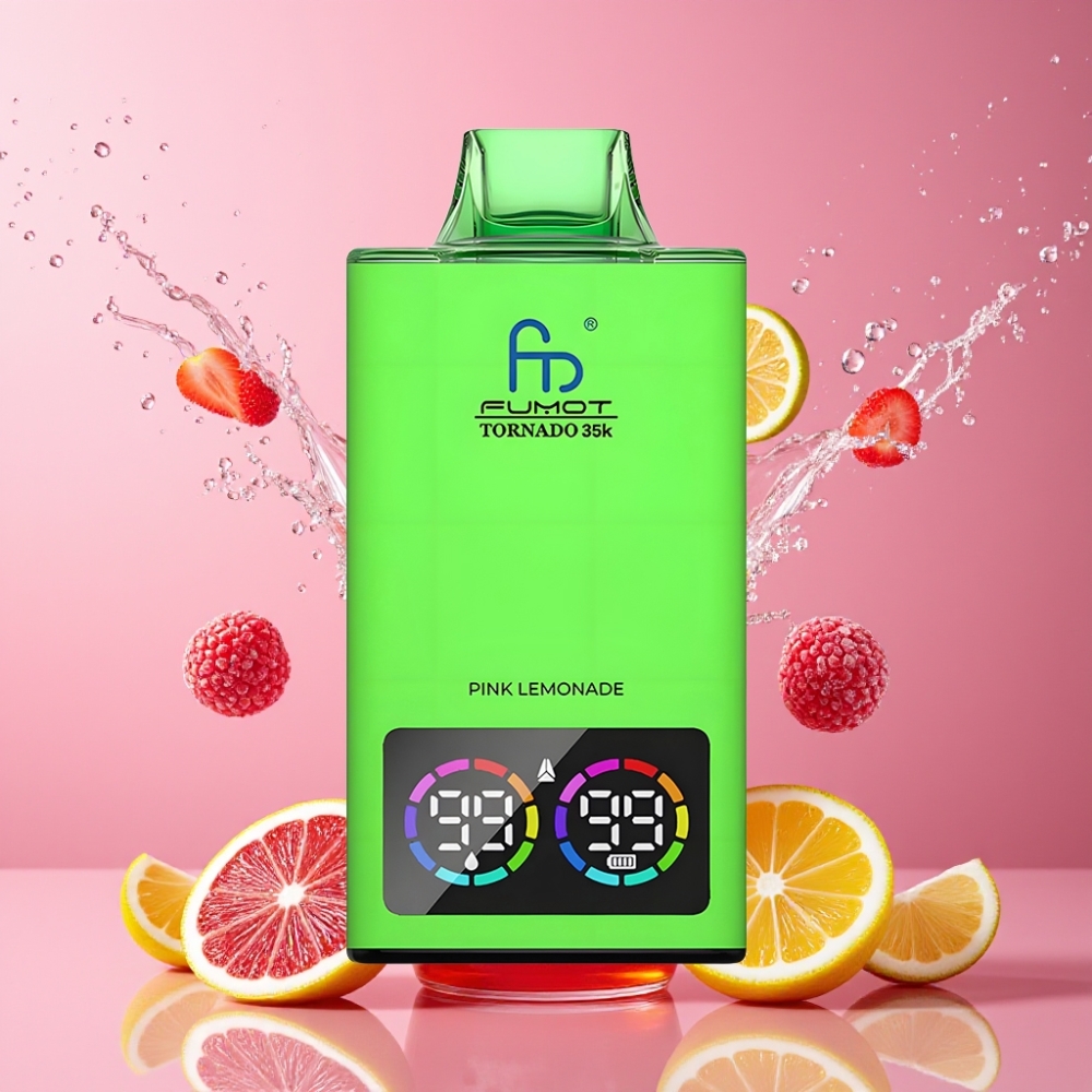 Fumot Tornado 35000 Lyserød Citronvand Dual Mesh Coil 15ml E-juice 700 MAH Batteri USB-C 35000 Puffs Engros Danmark