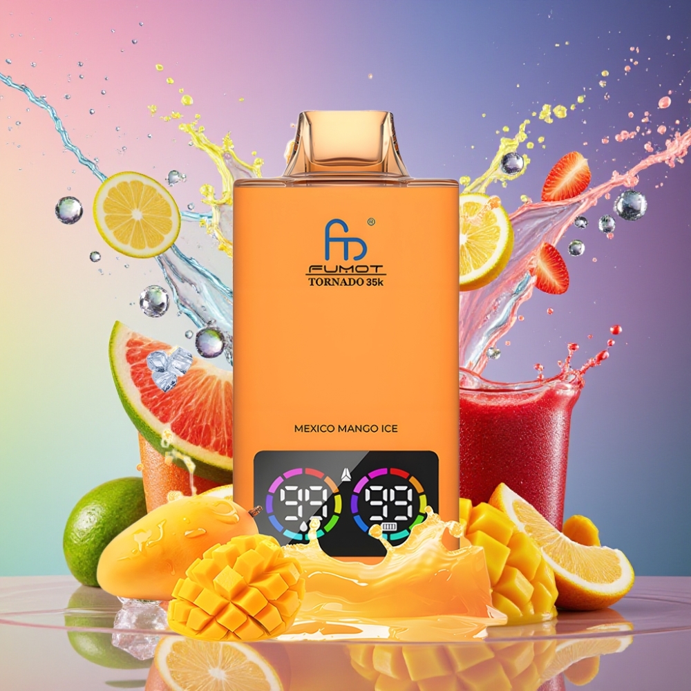 Fumot Tornado 35000 Mexico Mango Is Dual Mesh Coil E-liquid Indicator Variable RGB Lights 15ml E-juice 700 MAH Battery Fast Charging USB-C Engros Danmark