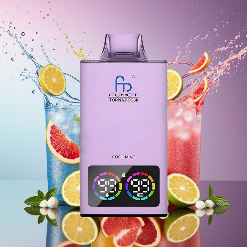 Fumot Tornado 35000 Mund Kølig Mynte Dual Mesh Coil E-liquid Indicator Variable RGB Lights 15ml E-juice 700 MAH Battery Fast Charging USB-C Engros Danmark