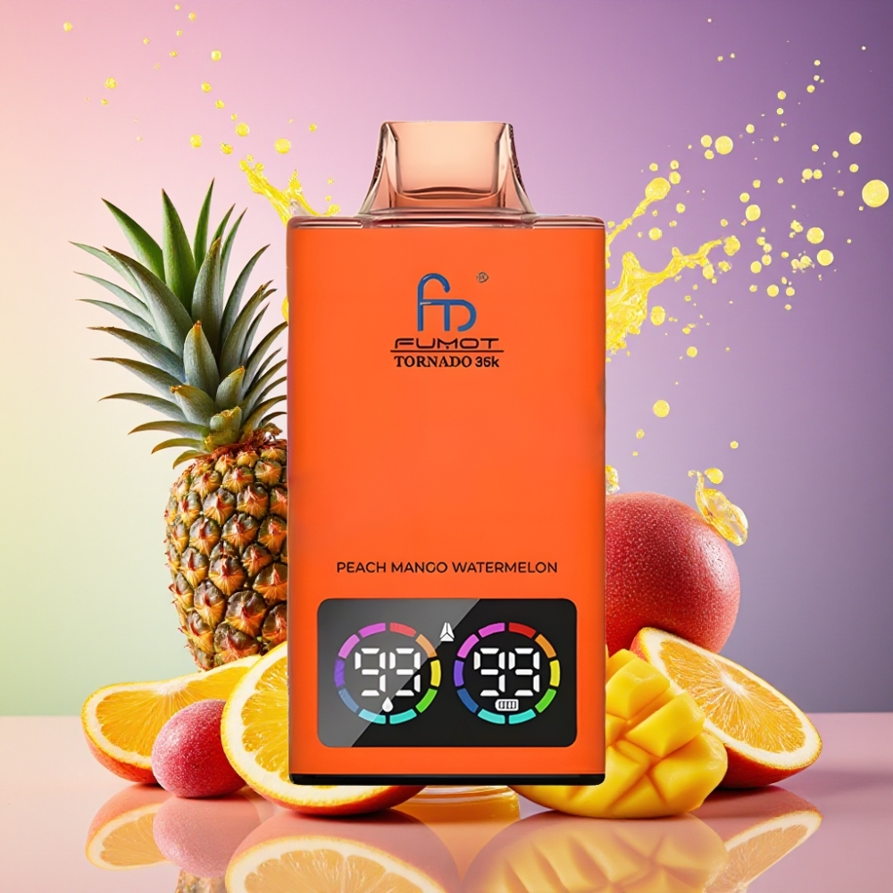 Fumot Tornado 35000 Peachy Mango Ananas Dual Mesh Coil E-liquid Indicator Variable RGB Lights 15ml E-juice 700 MAH Battery Fast Charging USB-C 35000 Puffs Engros Danmark