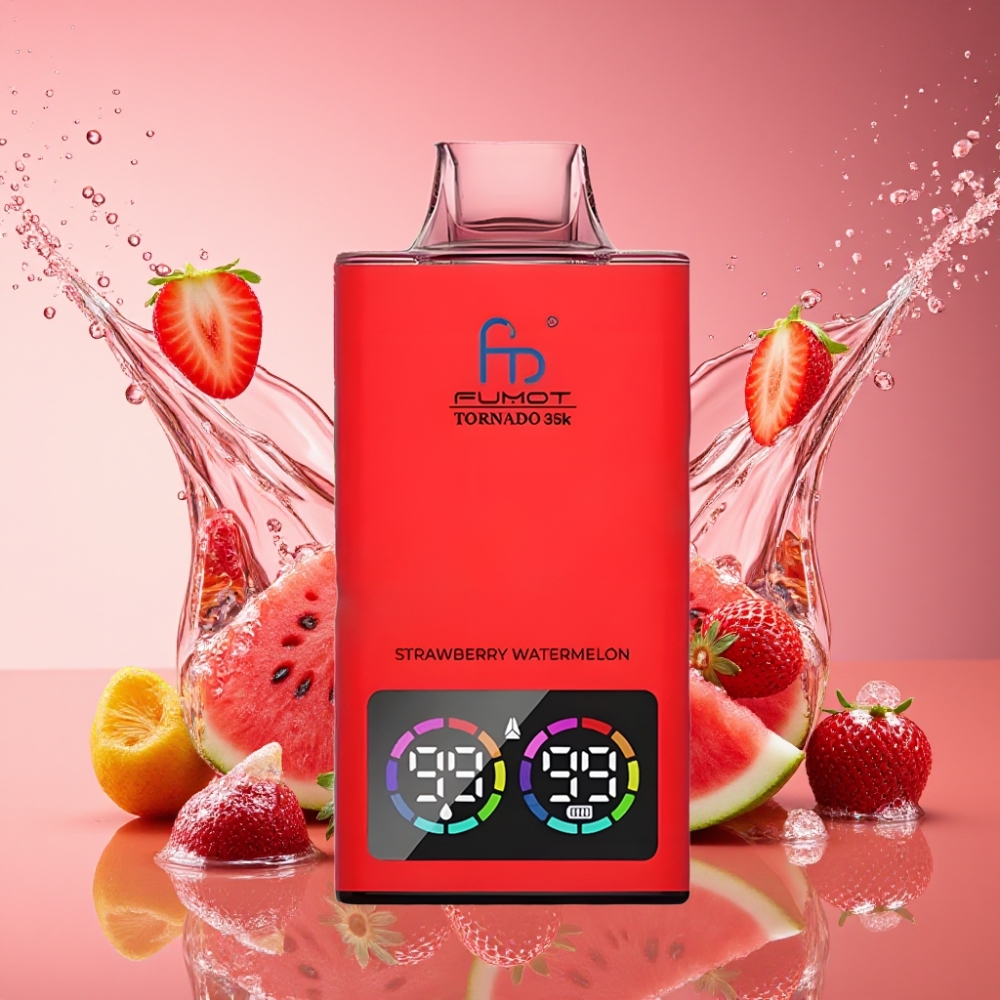 Fumot Tornado 35000 Pust Jordbær Vandmelon Dual Mesh Coil E-liquid Indicator Variable RGB Lights 15ml E-juice 700 MAH Battery Fast Charging USB-C Engros Danmark