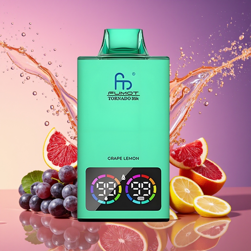 Fumot Tornado 35000 Puste Dual Mesh Coil E-væske Indikator Variabel RGB Lys 15ml E-juice 700 MAH Batteri Hurtig Opladning USB-C Grøn Citron Engros Danmark