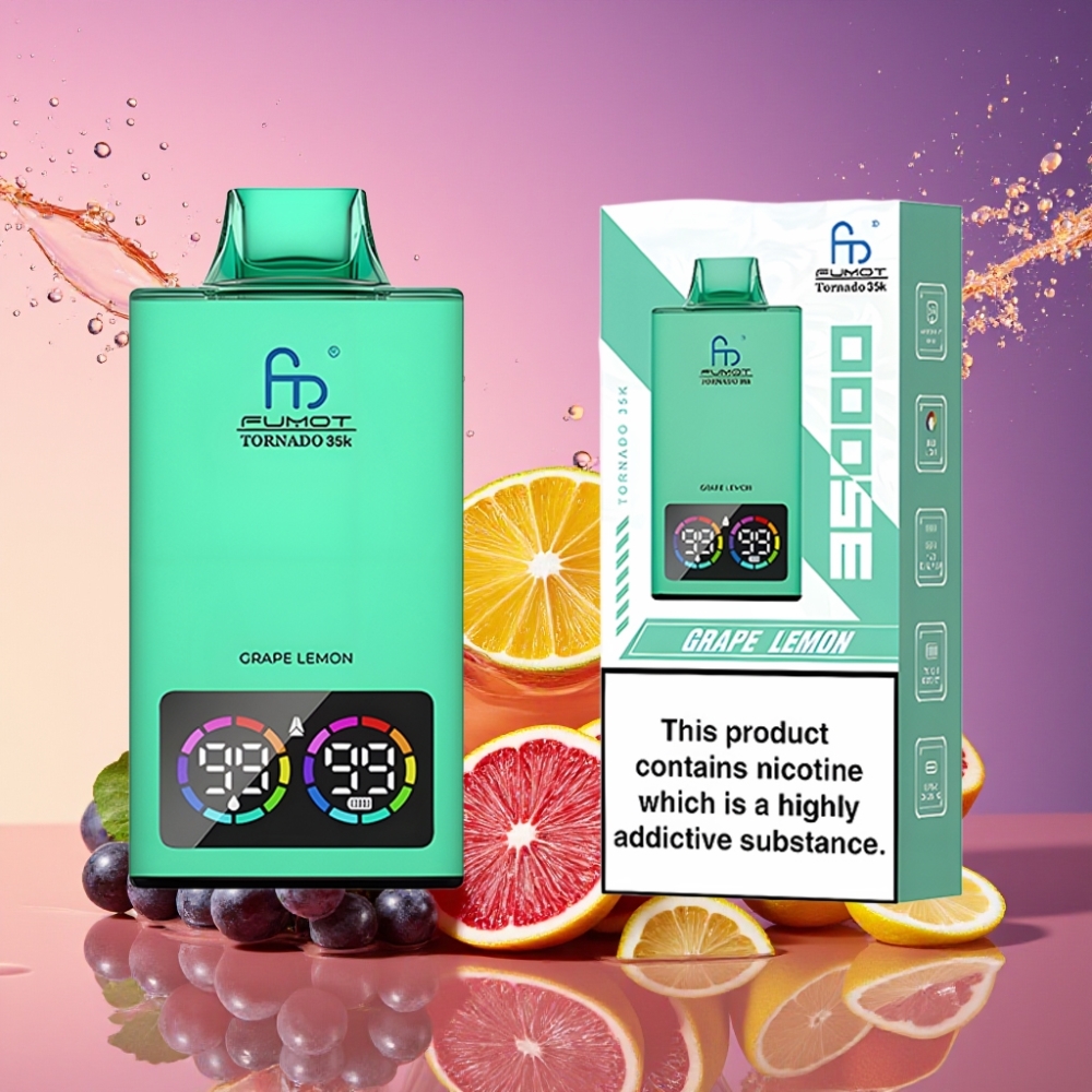 Fumot Tornado 35000 Puste Dual Mesh Coil E-væske Indikator Variabel RGB Lys 15ml E-juice 700 MAH Batteri Hurtig Opladning USB-C Grøn Citron Engros Danmark