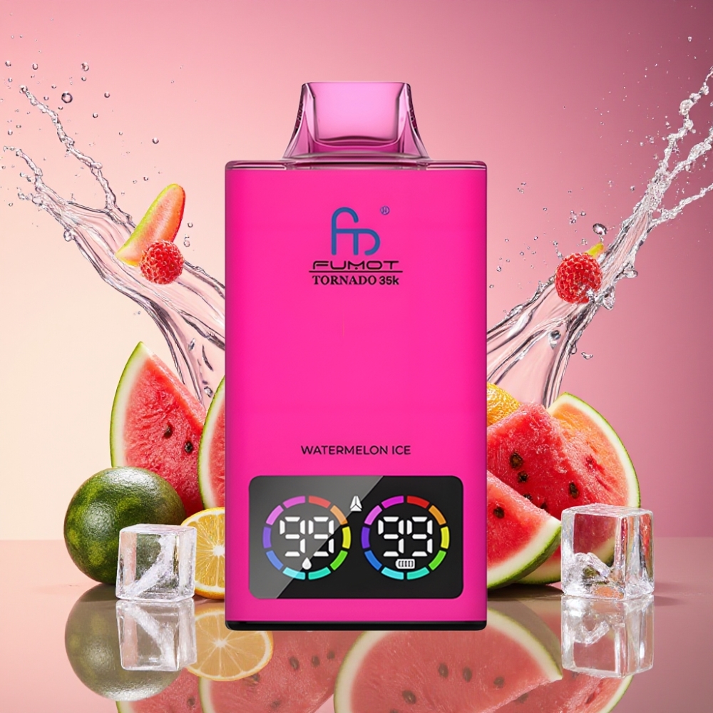 Fumot Tornado 35000 Vandmelon Is Dual Mesh Coil E-liquid Indicator Variable RGB Lights 15ml E-juice 700 MAH Battery Fast Charging USB-C 35000 Puffs Engros Danmark