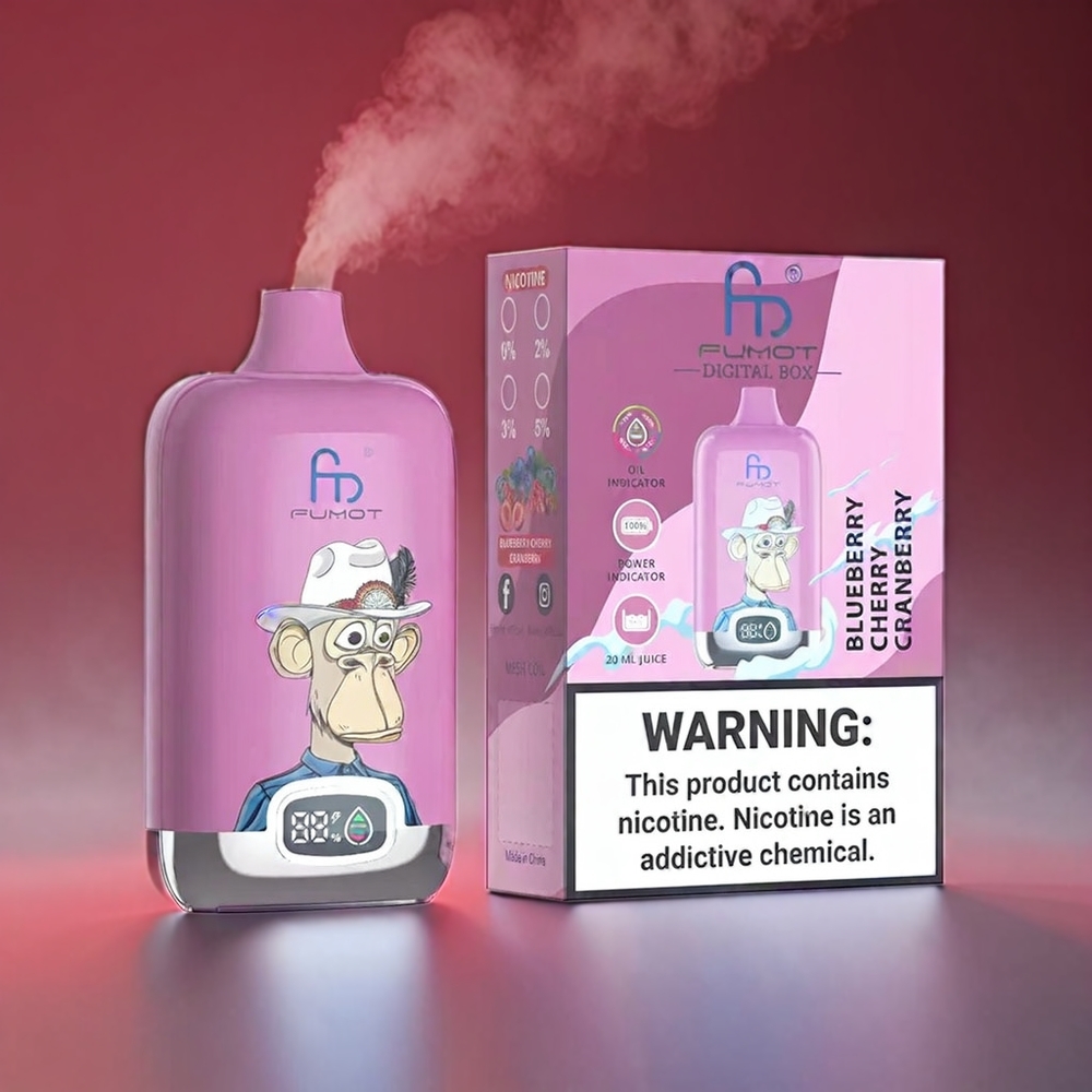 Fumot Tornado Digital 12000 Puffs Mesh Type-C 20ml Blåbær Kirsebær Tranebær｜89.7x46.7x27mm 67g 550mAh MTL Engros Danmark