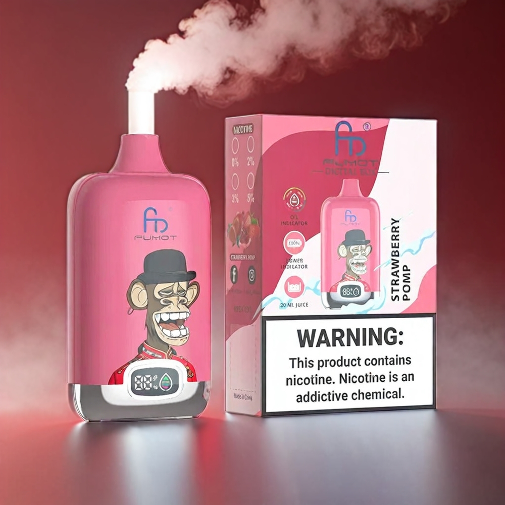 Fumot Tornado Digital Box Jordbær Pomp 12000 Puffs 20ml 550mAh Type-C MTL Mesh Engros Danmark