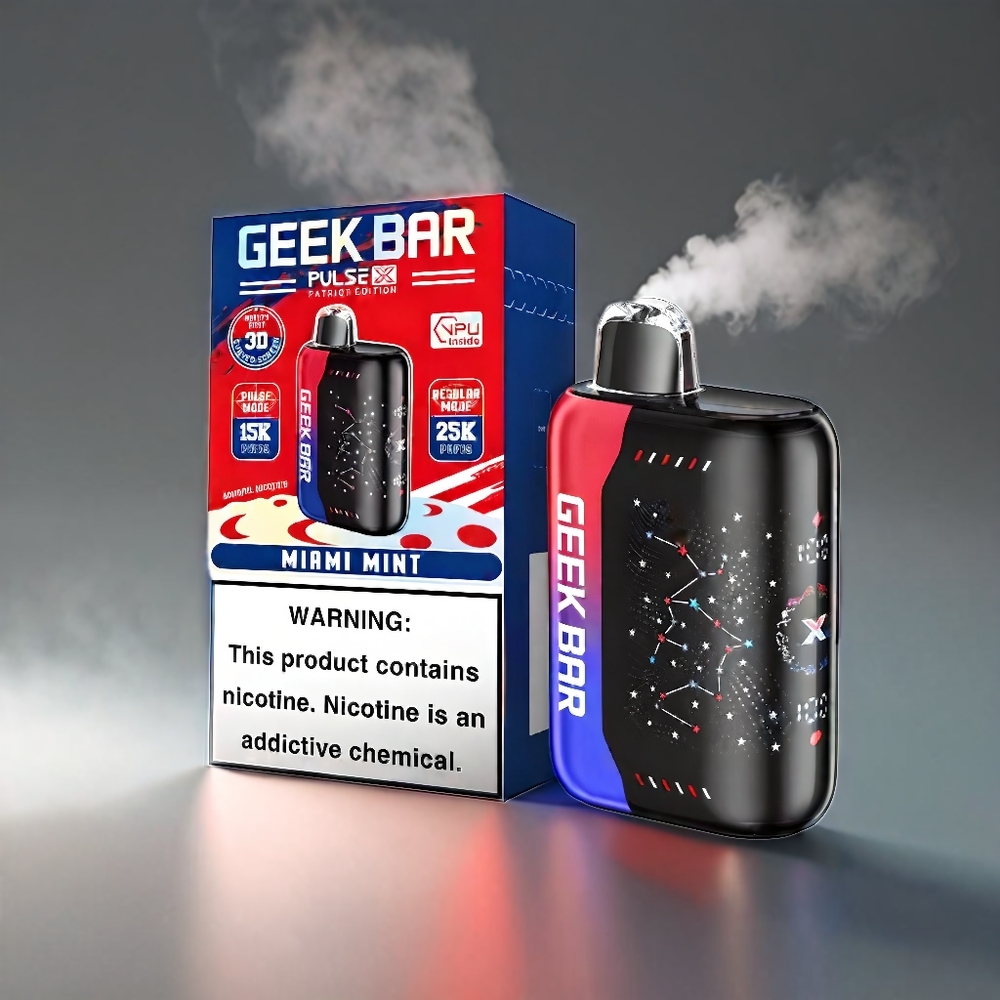 Geek Bar Pulse X 25000 Puste Patriot Edition 18mL 0-5% Nikotin 3D Skærm Dual Mesh Coil Engros Danmark